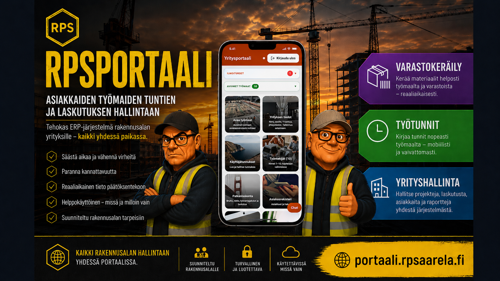 ERP:n alkuperäinen ChatGPT-esittelykuva: RPS Portaali, työmaat, varastokeräily ja työtunnit